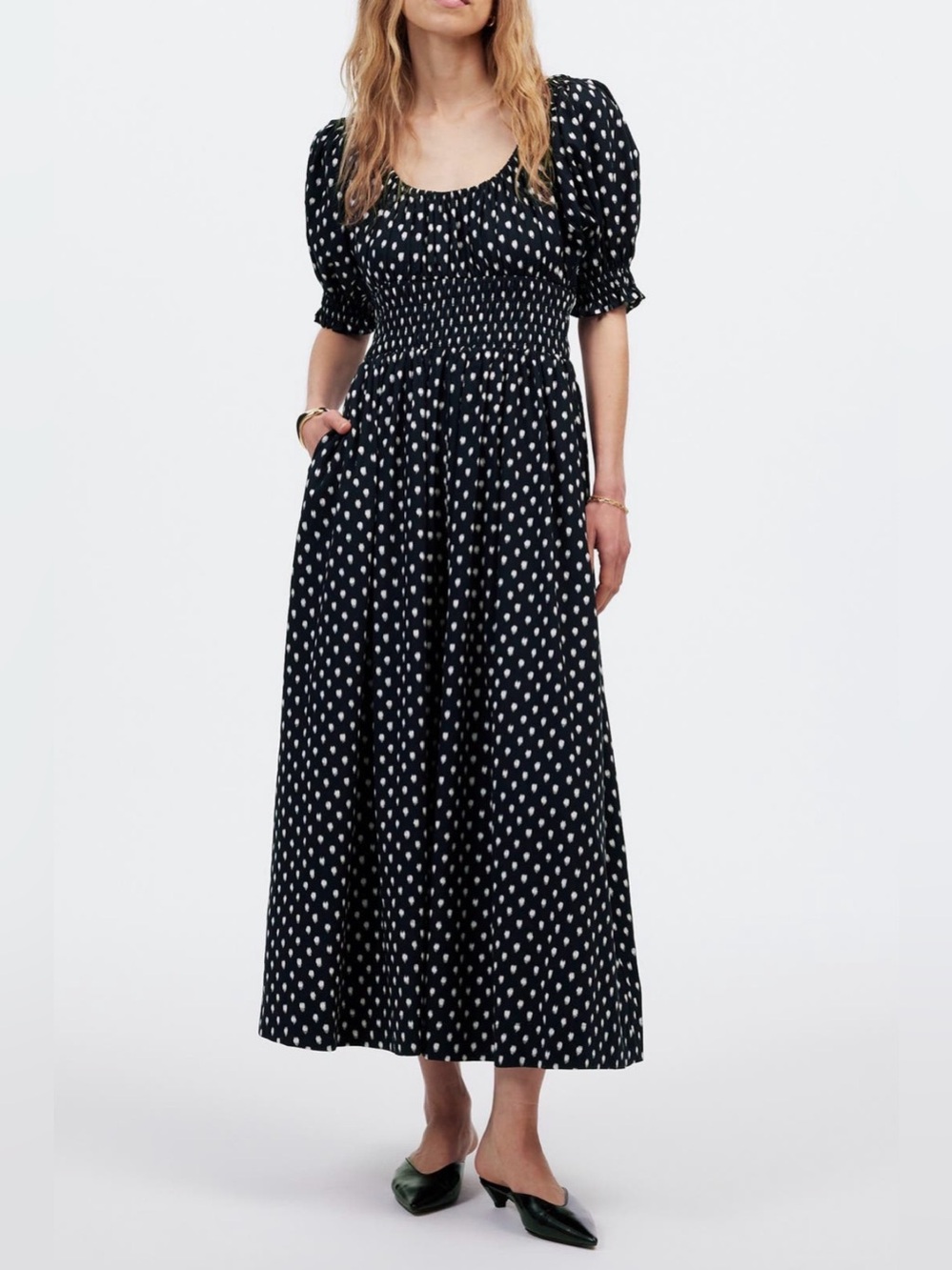 Madewell Shibori Dot Smocked Waist Midi Dress